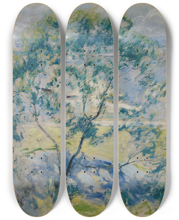 Triptych art skateboard deck of John Henry Twachtman The Wild Cherry Tree by John Henry Twachtman (1853-1902)
