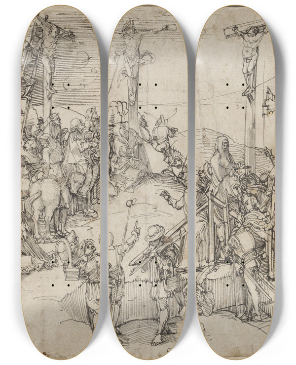 Triptych art skateboard deck of Hans Leonhard Schufelein Crowded Calvary by Hans Leonhard Schaufelein (1480-1540)