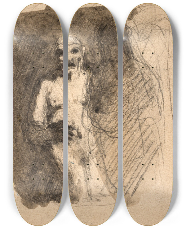 Triptych art skateboard deck of Oluf Hartmann Kompositionsstudie Af To Figurer Der Str Overfor Hinanden by Oluf Hartmann (1879-1910)