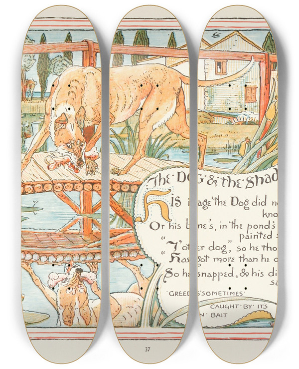 Triptych art skateboard deck of Walter Crane The Dog And The Shadow by Walter Crane (1845-1915)