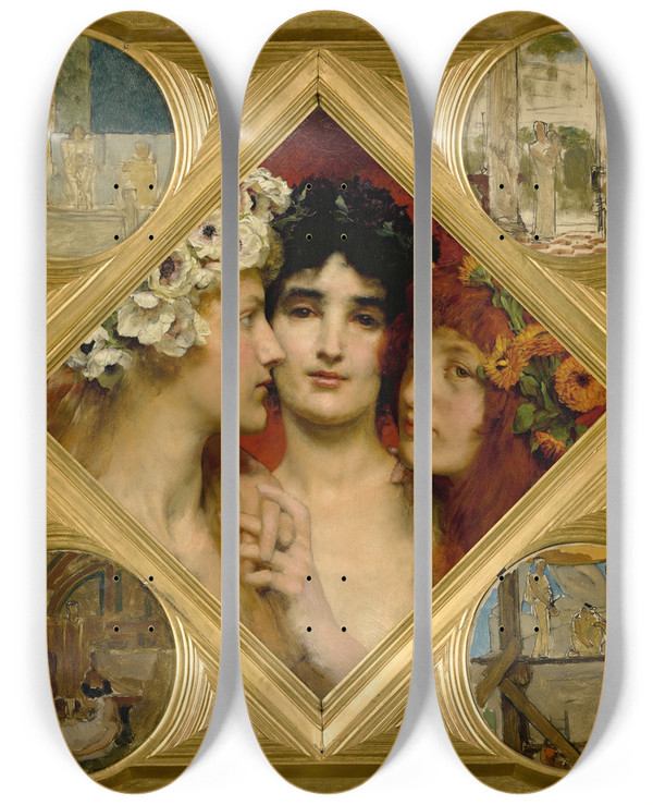 Triptych art skateboard deck of Lawrence Almatadema The Three Graces by Lawrence Alma-Tadema (1836-1912)