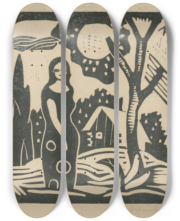 Triptych art skateboard deck of Mikul Galanda Ena V Krajine by Mikulas Galanda (1895-1938)