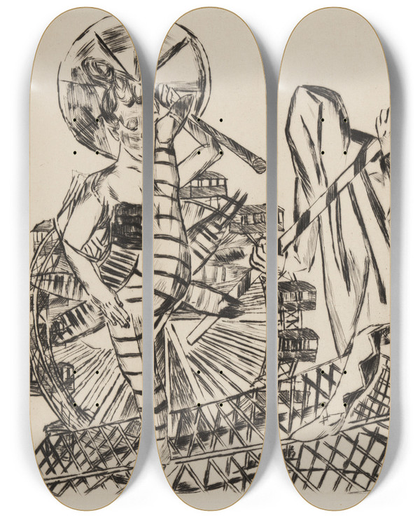 Triptych art skateboard deck of Max Beckmann Die Seiltnzer by Max Beckmann (1884-1950)