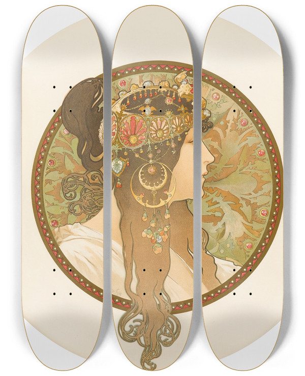 Triptych art skateboard deck of Alphonse Mucha Ttes Byzantines Brunette by Alphonse Mucha (1860-1939)