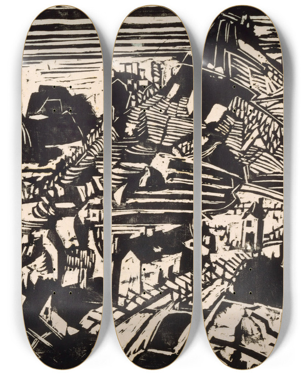 Triptych art skateboard deck of Albert Mller Dorf Im Tessin by Albert Muller (1897-1926)