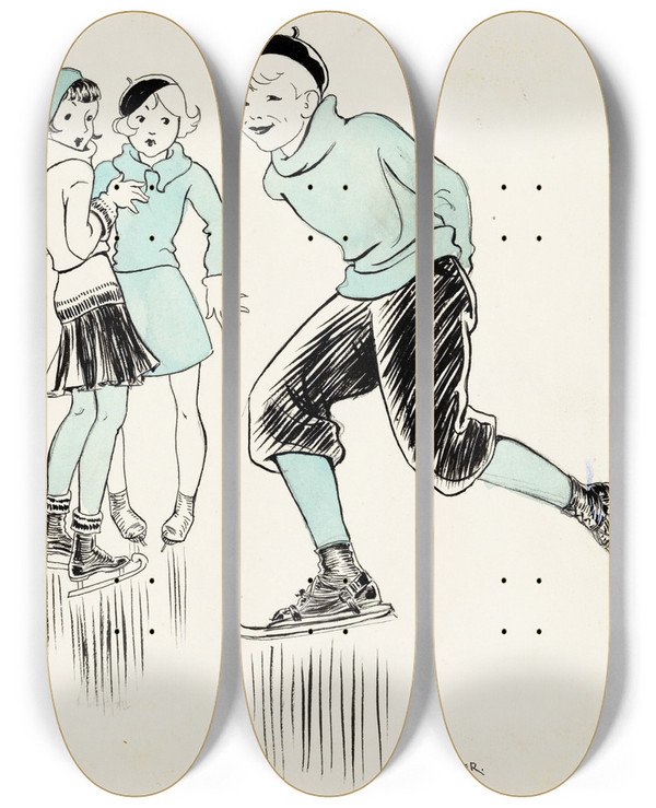 Triptych art skateboard deck of Miep De Feijter Jongen Schaatsend Langs Twee Meisjes by Miep de Feijter (20-)