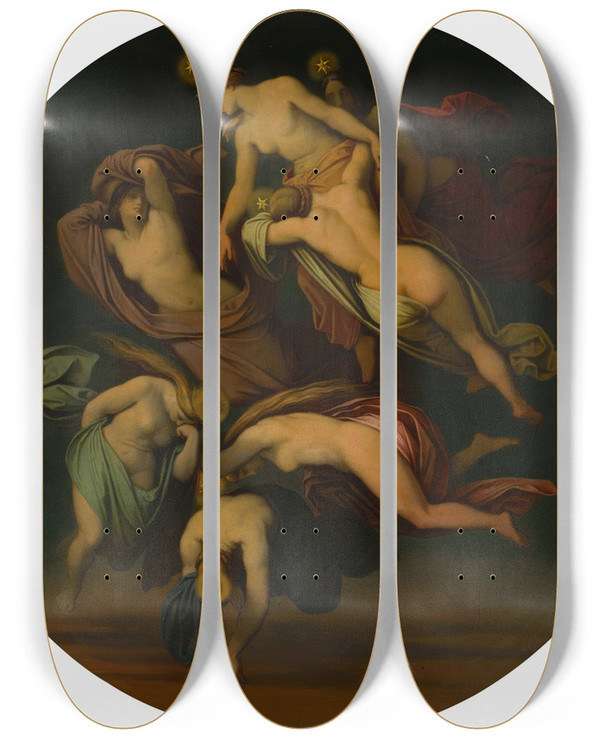 Triptych art skateboard deck of Moritz Von Schwind Die Plejaden The Pleiades by Moritz Von Schwind (1804-1871)