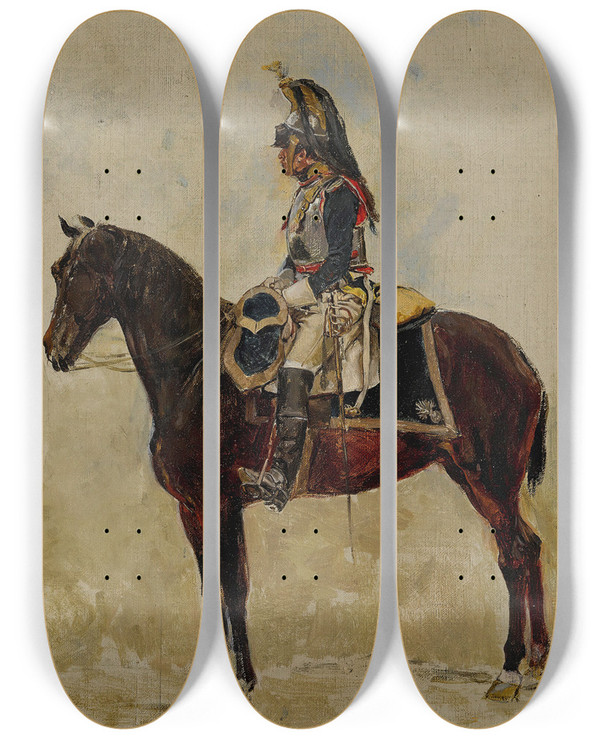 Triptych art skateboard deck of Ernest Meissonier Un Cuirassier by Ernest Meissonier (1815-1891)