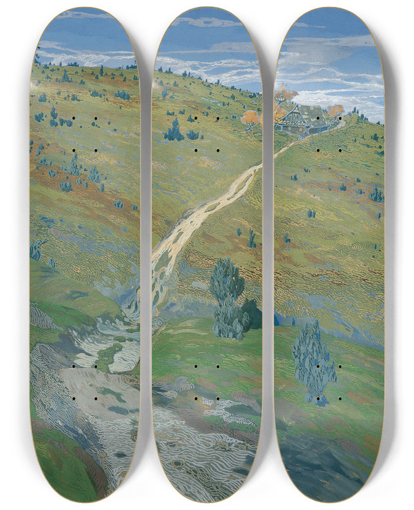 Triptych art skateboard deck of Hugo Baar Gebirgsweg In Den Beskiden by Hugo Baar (1873-1912)
