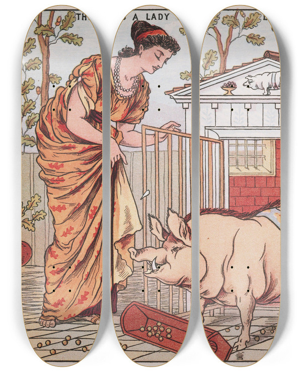 Triptych art skateboard deck of Walter Crane There Was A Lady Loved A Swine by Walter Crane (1845-1915)