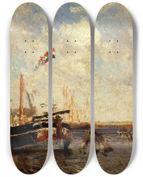 Triptych art skateboard deck of Flix Ziem Le Chaland by Felix Ziem (1821-1911)