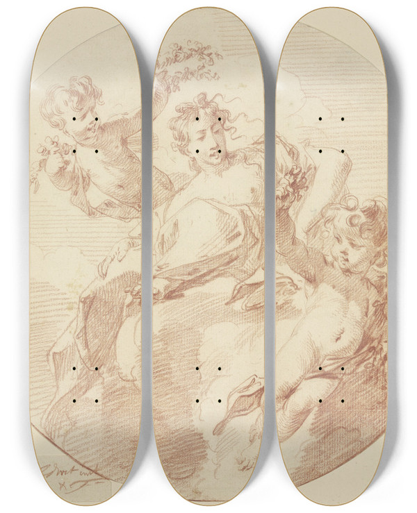 Triptych art skateboard deck of Jacob De Wit Flora With Two Genii by Jacob de Wit (1695-1754)
