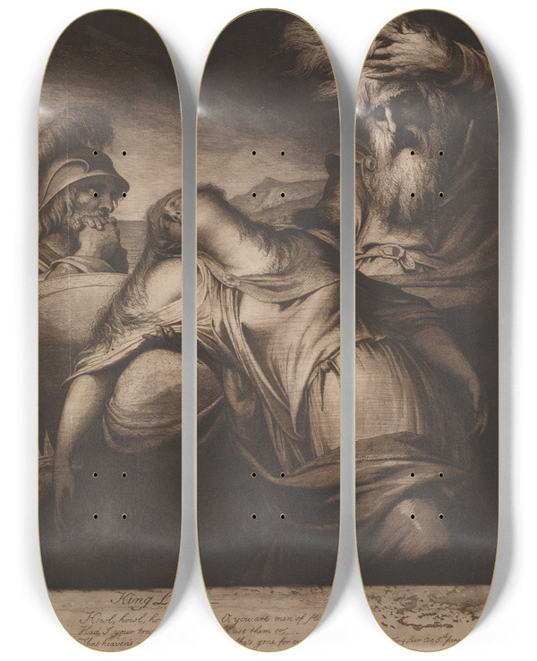 Triptych art skateboard deck of James Barry King Lear And Cordelia Act V Scene 10 by James Barry (1741-1806)