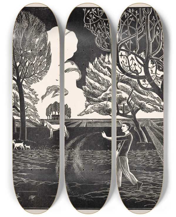 Triptych art skateboard deck of Bernard Essers Zaaiende Man by Bernard Essers (1893-1945)