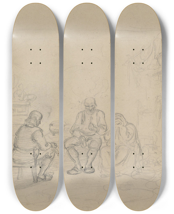 Triptych art skateboard deck of Adolph Tidemand Menn Og Kvinne I Bondestue by Adolph Tidemand (1814-1876)
