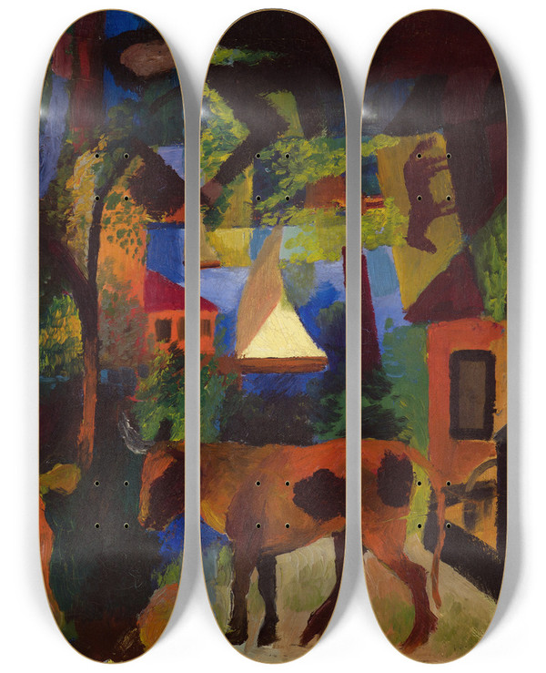 Triptych art skateboard deck of August Macke Landscape With Cows Sailboat And Figures by August Macke (1887-1914)