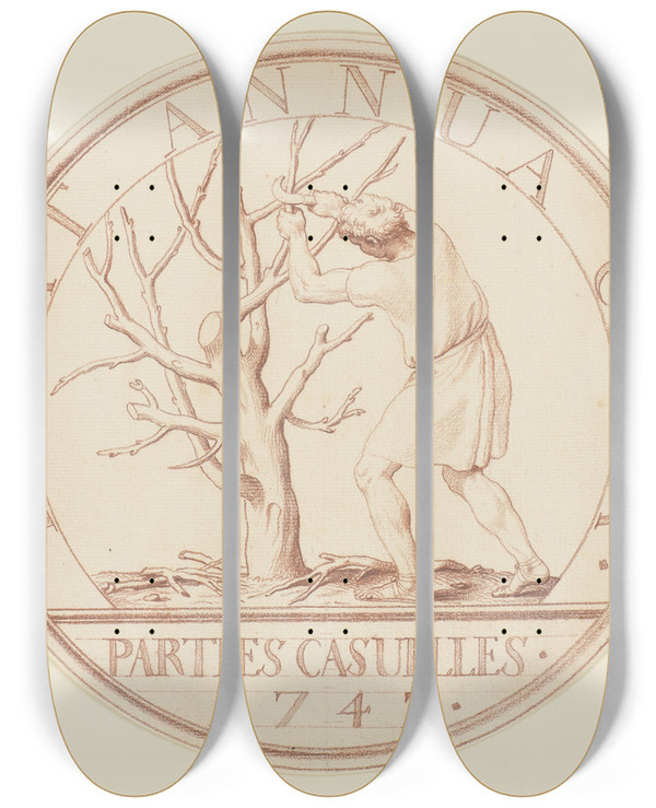 Triptych art skateboard deck of Edm Bouchardon Ein Bauer Einen Baum Beschneidend by Edme Bouchardon (1698-1762)