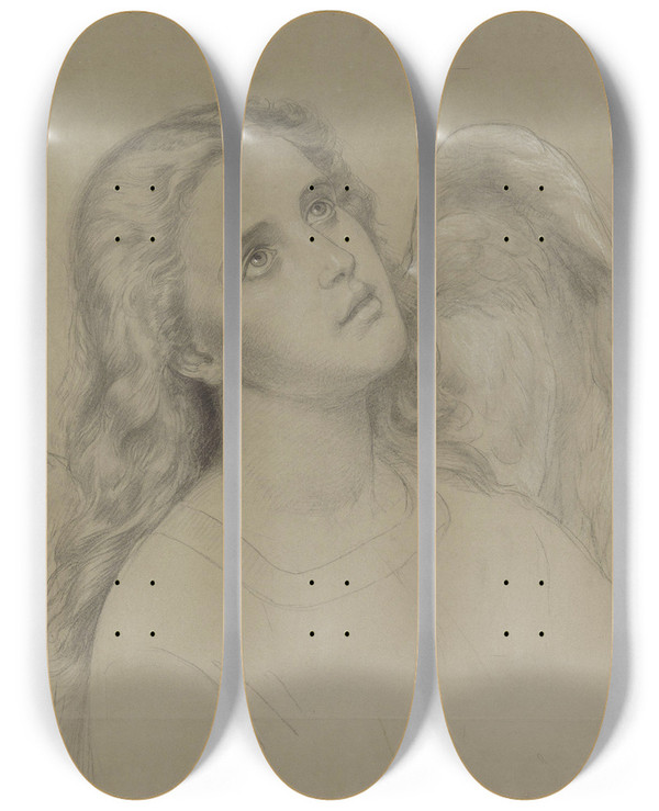 Triptych art skateboard deck of Adolph Tidemand Angel Head by Adolph Tidemand (1814-1876)