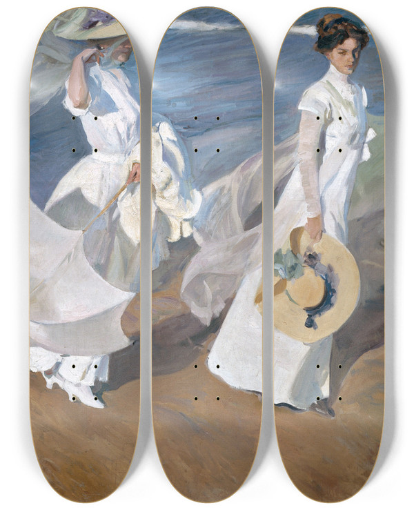 Triptych art skateboard deck of Joaqun Sorolla Strolling Along The Seashore by Joaquin Sorolla (1863-1923)