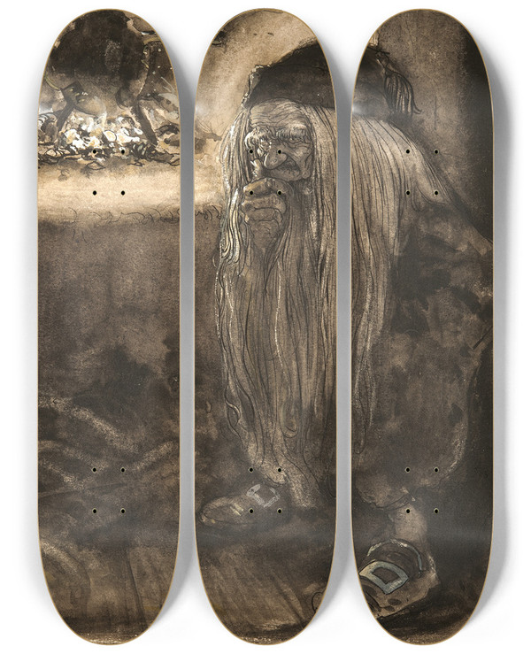 Triptych art skateboard deck of John Bauer Brownie By A Fireplace by John Bauer (1882-1918)