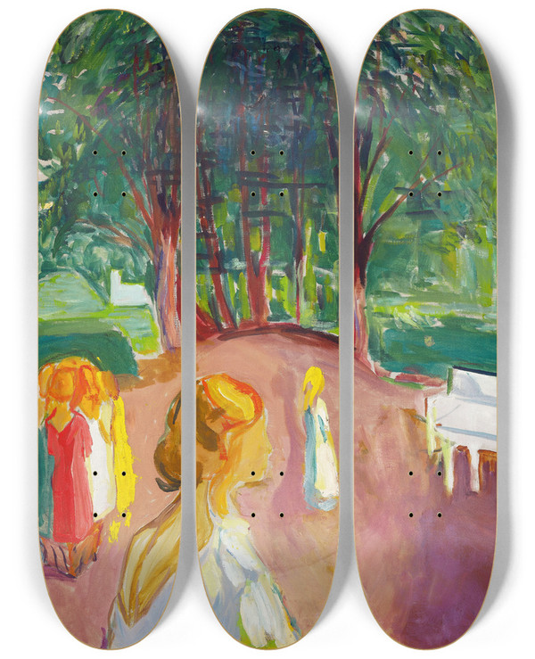 Triptych art skateboard deck of Edvard Munch Flirting In The Park by Edvard Munch (1863-1944)
