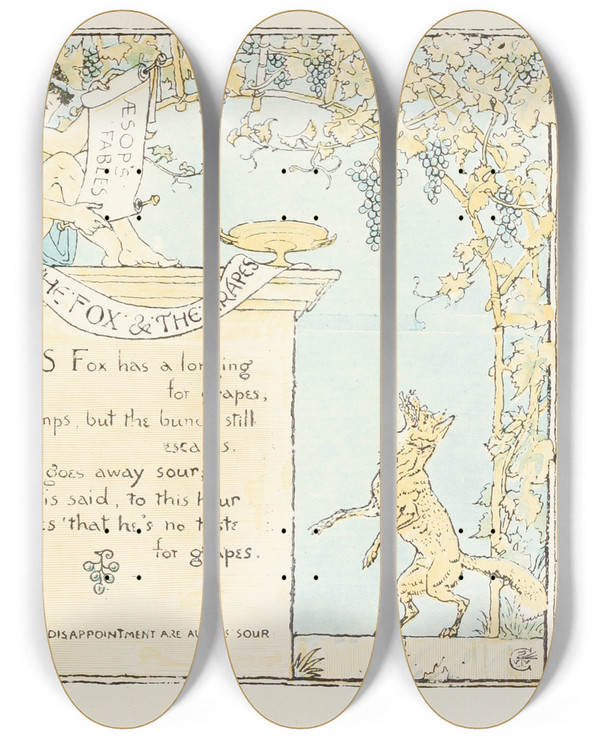 Triptych art skateboard deck of Walter Crane The Fox And The Grapes by Walter Crane (1845-1915)