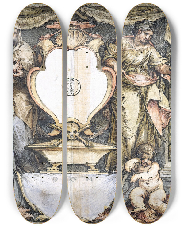 Triptych art skateboard deck of Lazzaro Baldi Presentation Drawing For An Epitaph by Lazzaro Baldi (1622-1703)