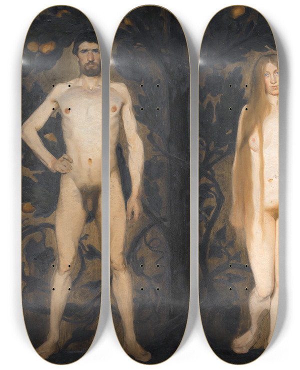Triptych art skateboard deck of Harald Slottmller Adam And Eve by Harald Slott-Mller (1864-1937)
