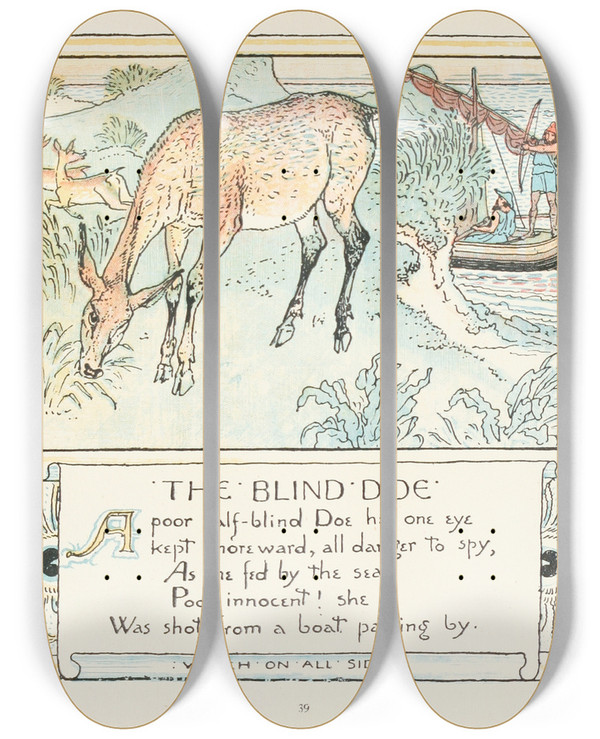 Triptych art skateboard deck of Walter Crane The Blind Doe by Walter Crane (1845-1915)