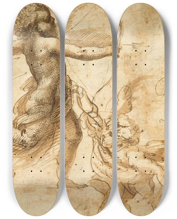 Triptych art skateboard deck of Giulio Cesare Procaccini Cupid by Giulio Cesare Procaccini (1574-1625)