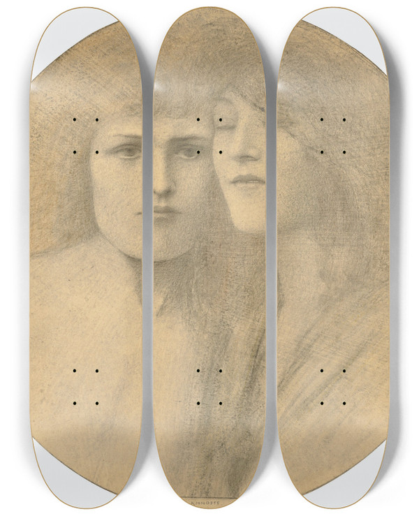 Triptych art skateboard deck of Fernand Khnopff Les Caresses by Fernand Khnopff (1858-1921)