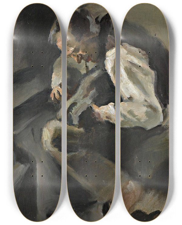 Triptych art skateboard deck of Rudolf Kremlika A Cobbler by Rudolf Kremlicka (1886-1932)