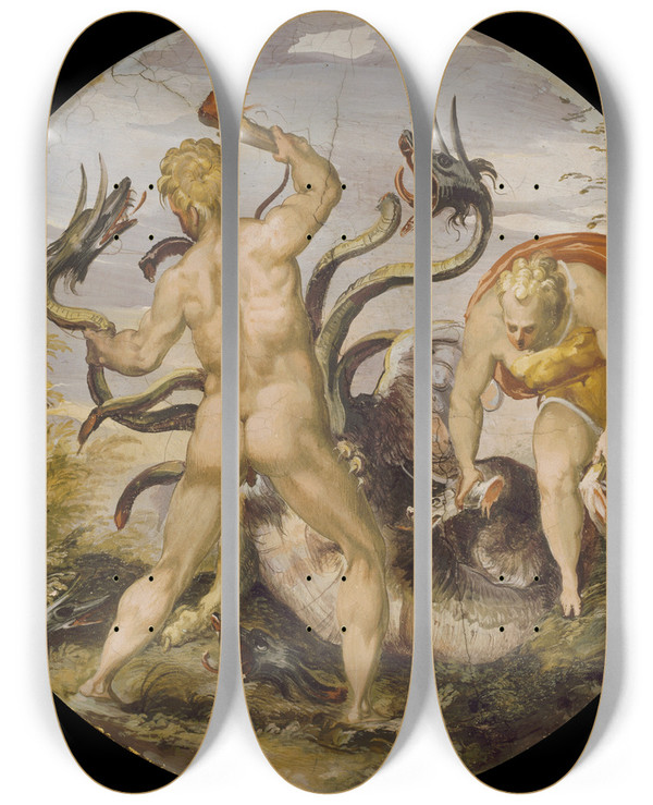 Triptych art skateboard deck of Marco Marchetti Hercules And The Hydra From Lerna by Marco Marchetti (1528-1588)