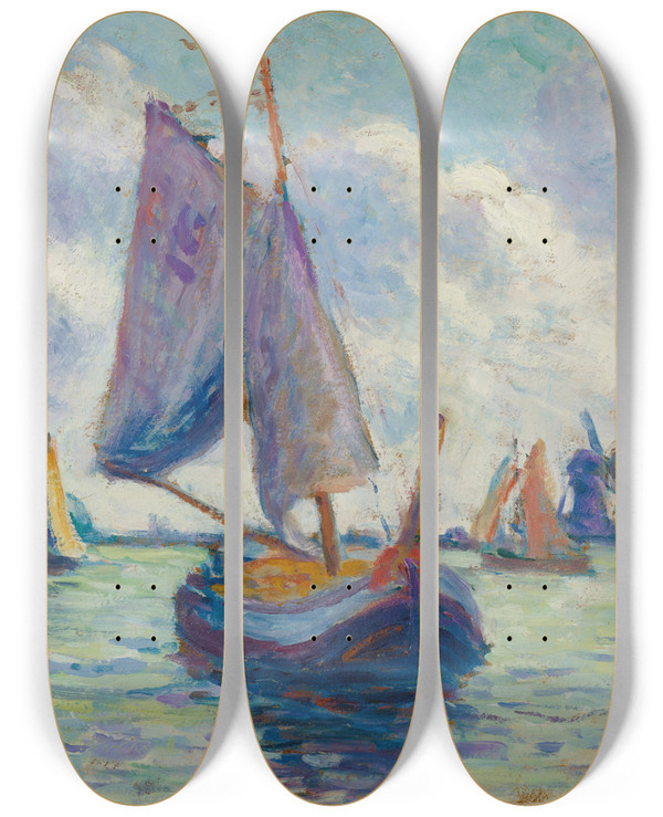 Triptych art skateboard deck of Maximilien Luce Bateaux Hollandais by Maximilien Luce (1858-1941)