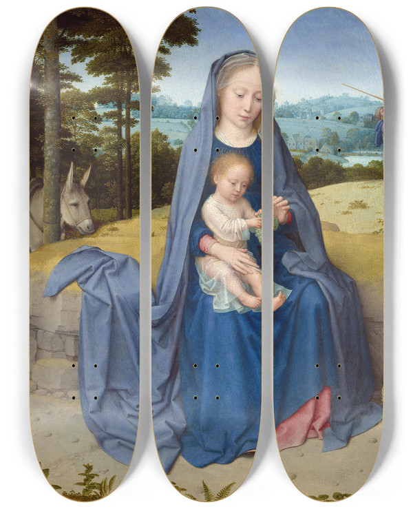 Triptych art skateboard deck of Gerard David The Rest On The Flight Into Egypt_1 by Gerard David (1460-1523)