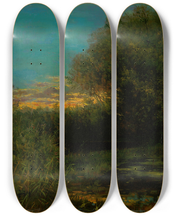 Triptych art skateboard deck of Eduard Majsch Sunset And Tree Shade by Eduard Majsch (1841-1904)