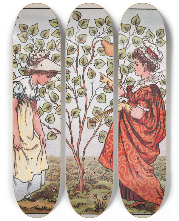 Triptych art skateboard deck of Walter Crane I Had A Little Nut Tree by Walter Crane (1845-1915)