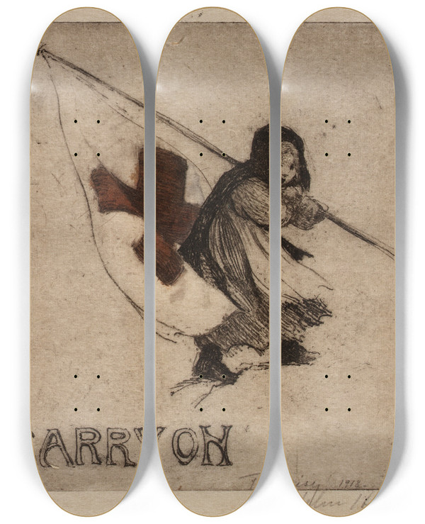 Triptych art skateboard deck of Helen Hyde Carry On by Helen Hyde (1868-1919)