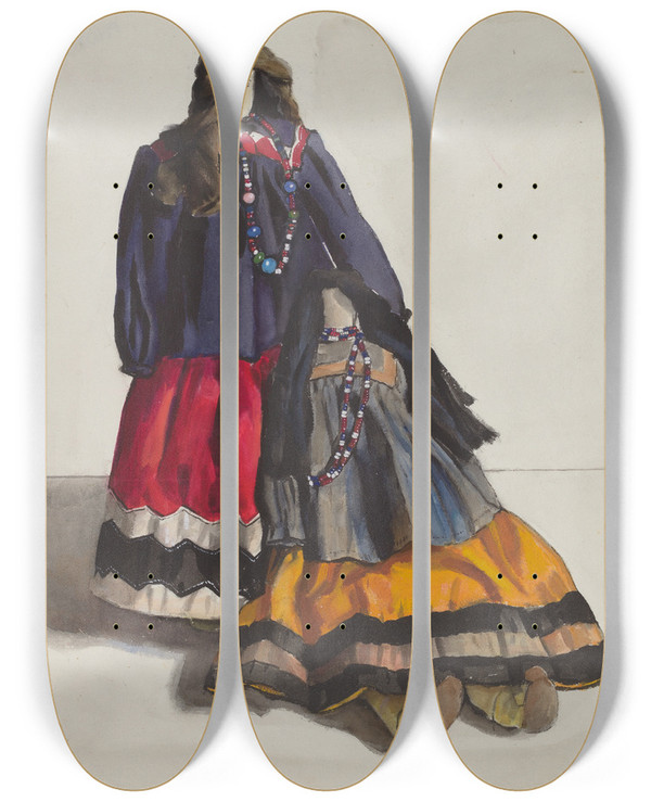 Triptych art skateboard deck of Jane Iverson Dolls Apache Women by Jane Iverson