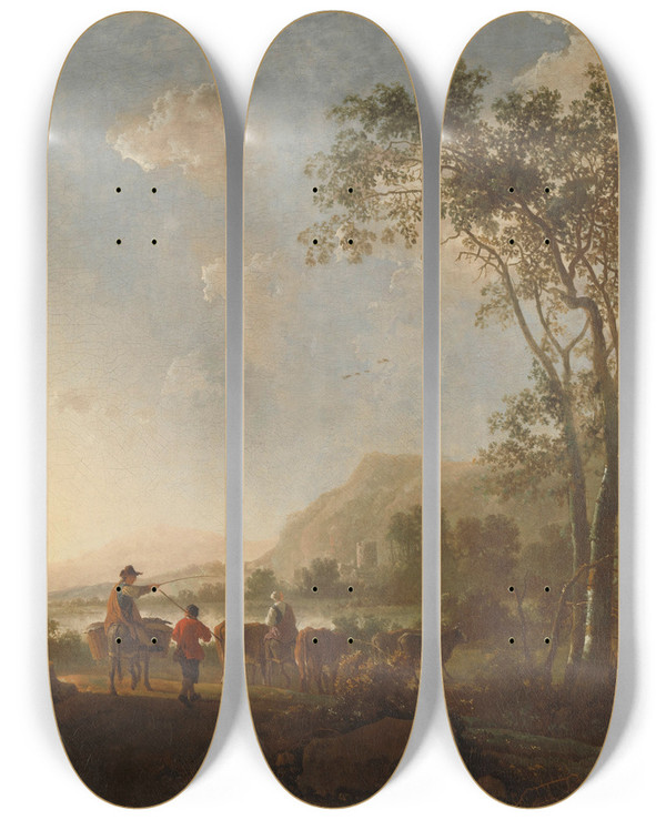 Triptych art skateboard deck of Aelbert Cuyp Landscape With Herdsmen And Cattle by Aelbert Cuyp (1620-1691)