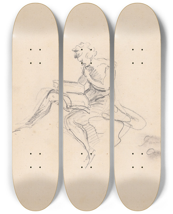 Triptych art skateboard deck of Sir Joshua Reynolds Man Reading by Sir Joshua Reynolds (1723-1792)