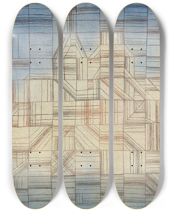 Triptych art skateboard deck of Paul Klee Variations Progressive Motif by Paul Klee (1879-1940)