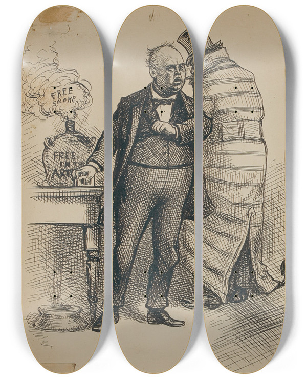 Triptych art skateboard deck of Thomas Nast Free Smoke by Thomas Nast (1840-1902)