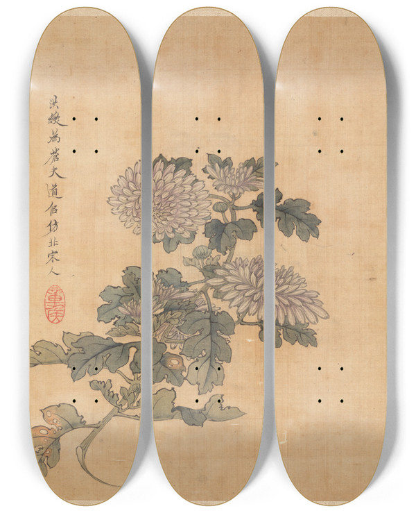 Triptych art skateboard deck of Chen Hongshou Chrysanthemum by Chen Hongshou (1598-1652)