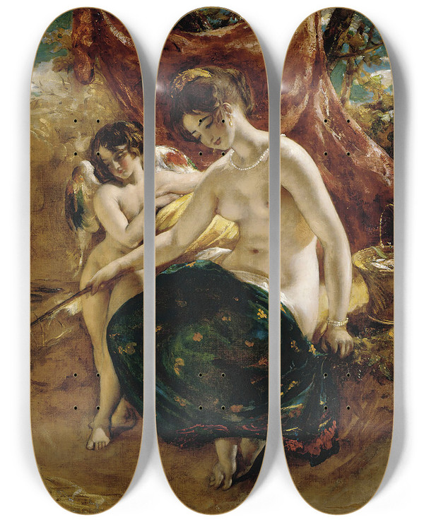 Triptych art skateboard deck of William Etty Nymph Angling by William Etty (1787-1849)