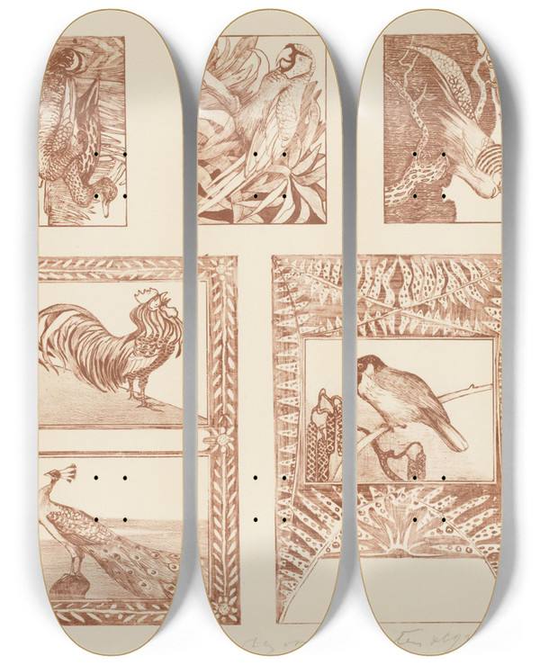 Triptych art skateboard deck of Theo Van Hoytema Proefblad Voor Briefkaarten Met Vogels by Theo Van Hoytema (1863-1917)