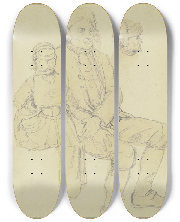 Triptych art skateboard deck of Jakob Becker Alter Bauer Mit Kleinem Mdchen by Jakob Becker (1810-1872)
