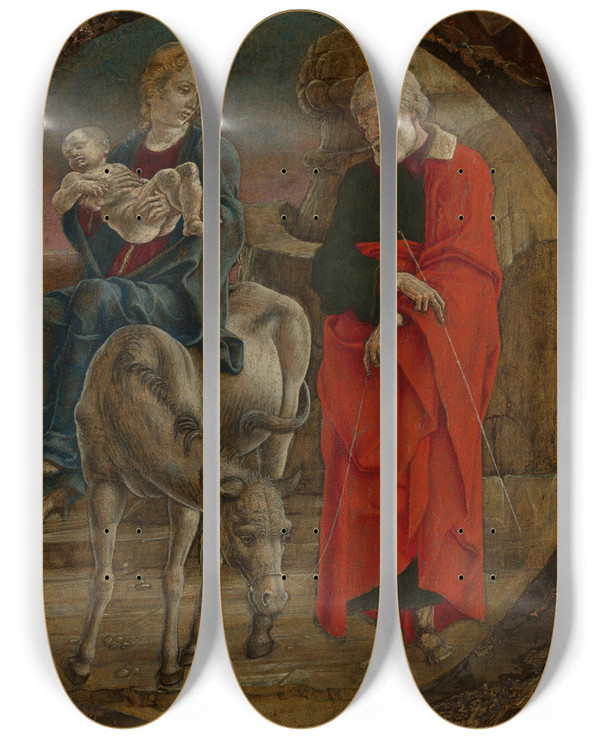 Triptych art skateboard deck of Cosm Tura The Flight Into Egypt by Cosme Tura (1430-1495)