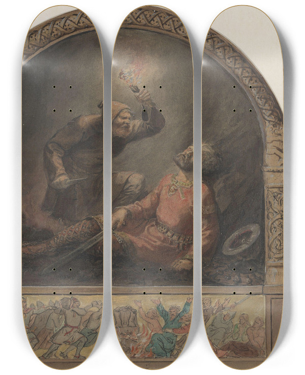 Triptych art skateboard deck of Adolph Tidemand Hkon Jarl Og Kark by Adolph Tidemand (1814-1876)