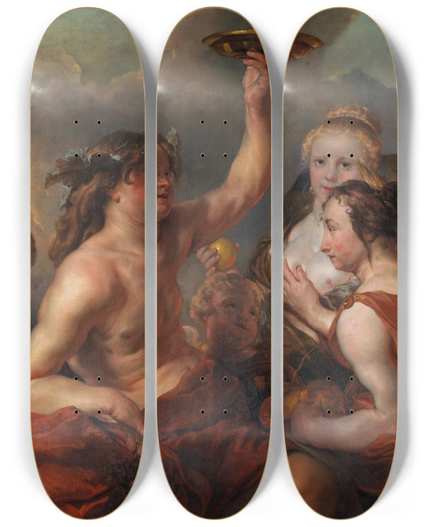 Triptych art skateboard deck of Cornelis Schut Bacchus Ceres And Venus by Cornelis Schut (1597-1655)